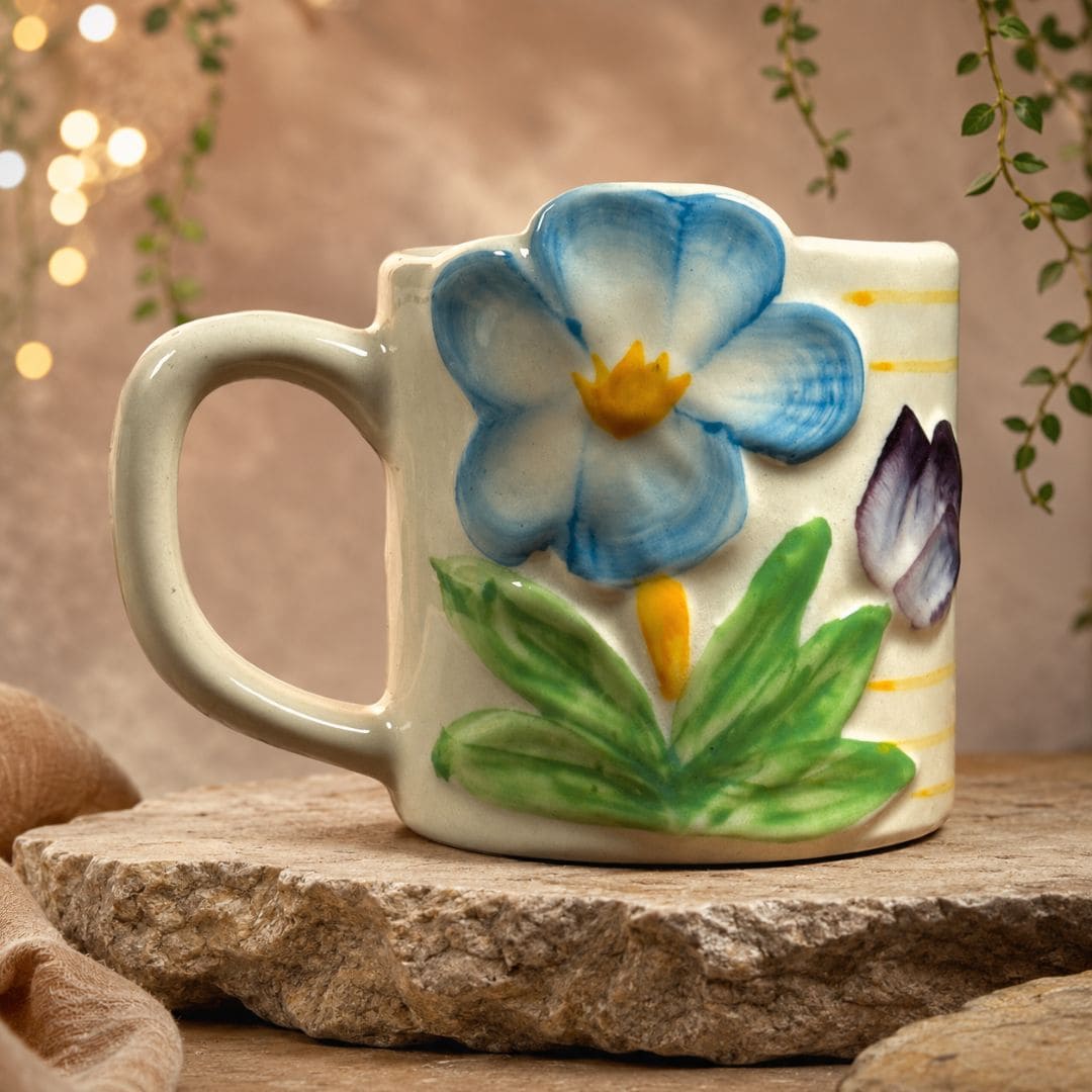 Sculpted Bloom Ceramic Mug - Blue